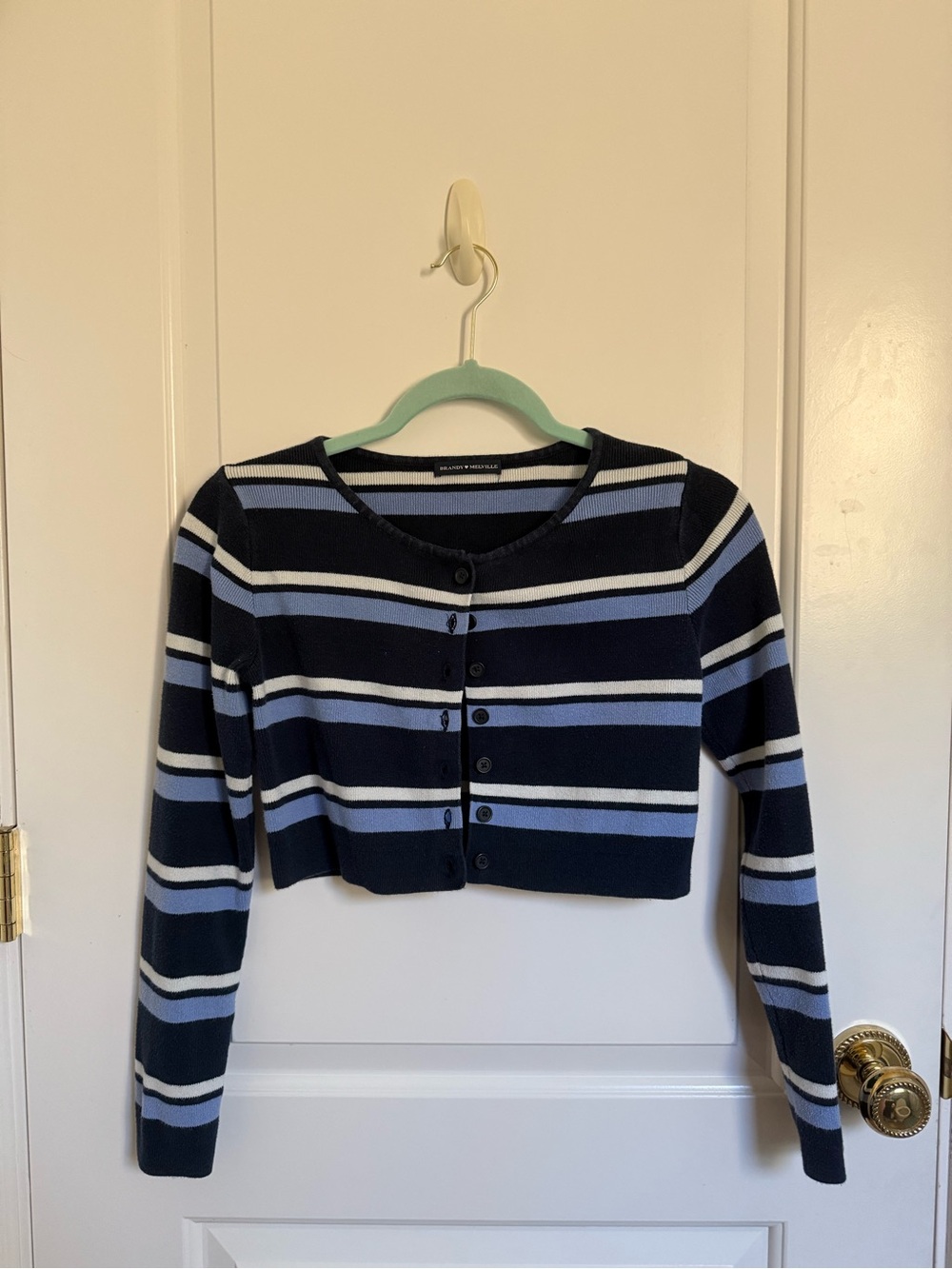 Brandy Melville Navy, Light Blue & White Striped Cropped Cardigan